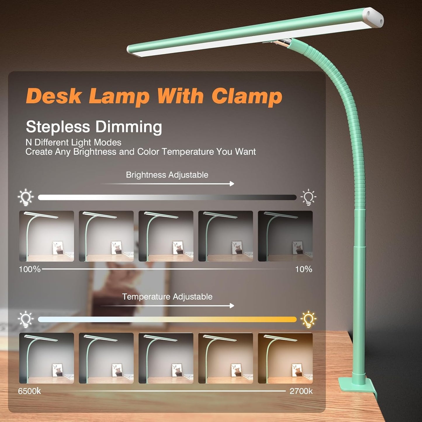 Airlonv LED Desk Lamp for Office Home, Eye-Caring Desk Light with Stepless Dimming Adjustable Flexible Gooseneck, 10W USB Adapter Desk Lamp with Clamp for Reading, Study, Workbench (Black)