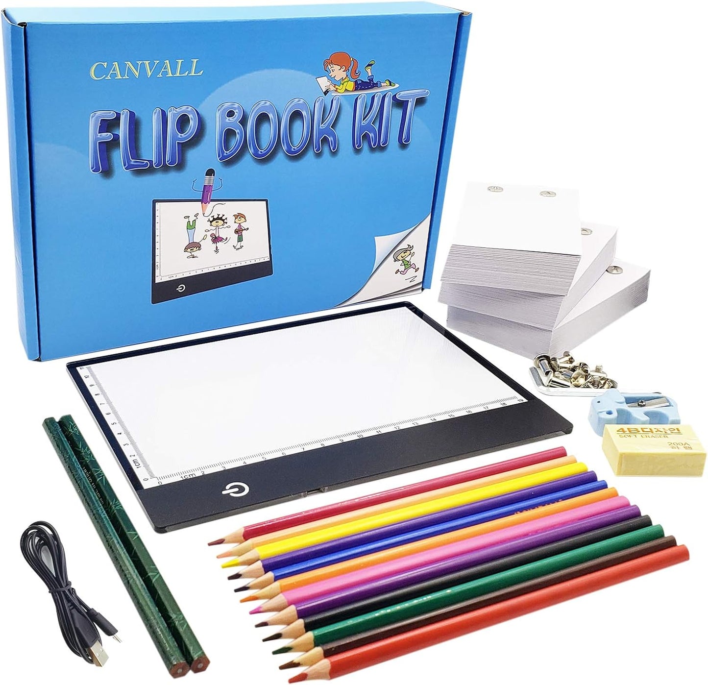 Canvall Flipbook Set for Drawing and Tracing Animation, Include: A5 LED Light Box, 540 Pages Animated Loose-Leaf Paper, 2 HB +12 Colored Drawing Pencils, Pencil Sharpener, Eraser and Screwdriver