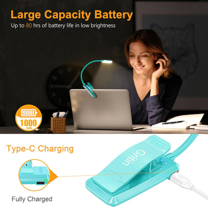 Gritin 9 LED Rechargeable Book Light for Reading in Bed - Eye Caring 3 Color Temperatures,Stepless Dimming Brightness,80 Hrs Runtime Small Lightweight Clip On Book Reading Light for Studying