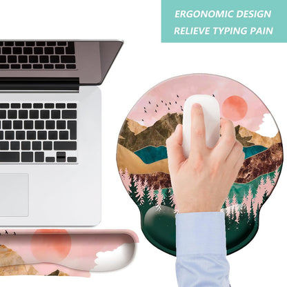 Keyboard Wrist Rest Pad Mouse Pad with Wrist Support Set of 3, Mousepad with Non-Slip Rubber Base, Ergonomic Memory Foam Mouse Wrist Cushion Support for Home Office Laptop Computer Gaming, Forest