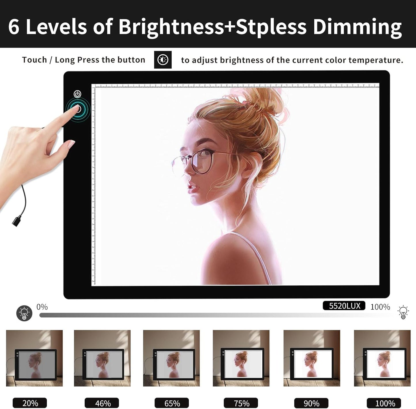YINGWOND Rechargeable A4 LED Light Pad with Padded Case, Tracing Light Box w/Riser Stands and Paper Clip, 6 Levels of Brightness, Type-c Cable, Wireless Diamond Painting Light Board