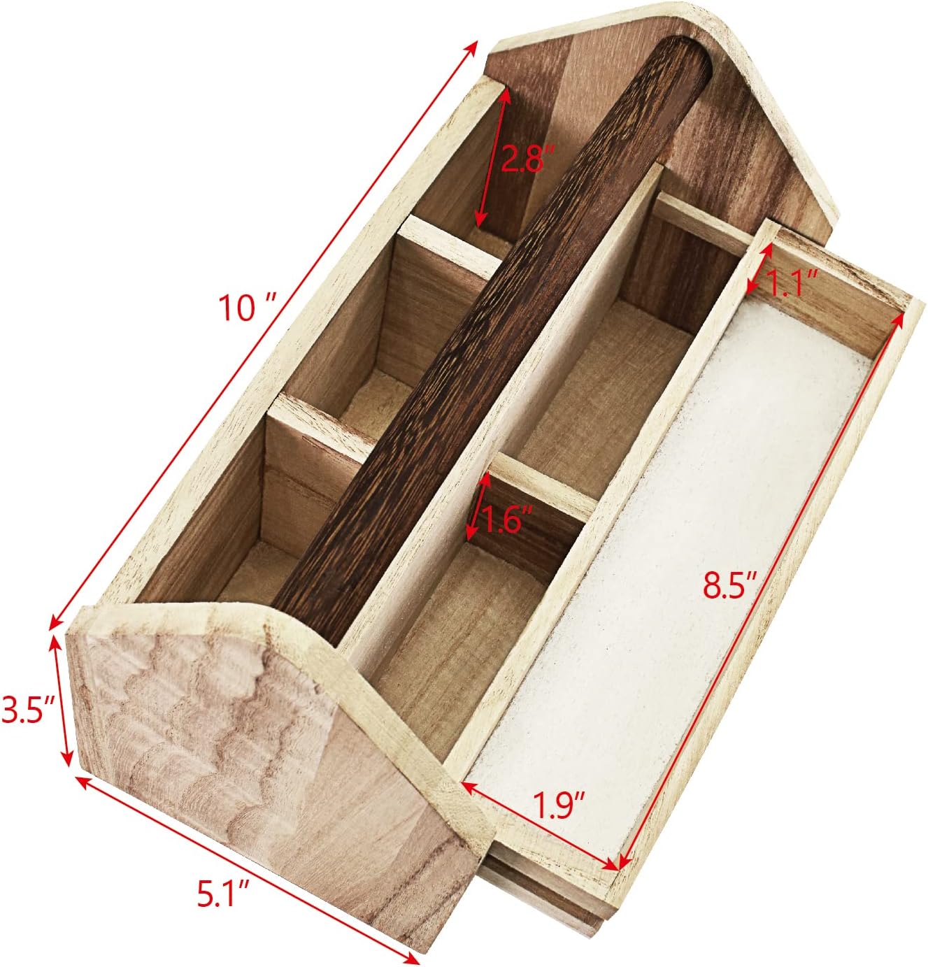 Ikee Design Small Natural Wood Color Wooden Craft Tool Box Caddy with a Handle for Storage Tool, Makeup, Collections with 5 Compartments for Storage and Organizing, 10 W x 5.1 D x 3.5 H in