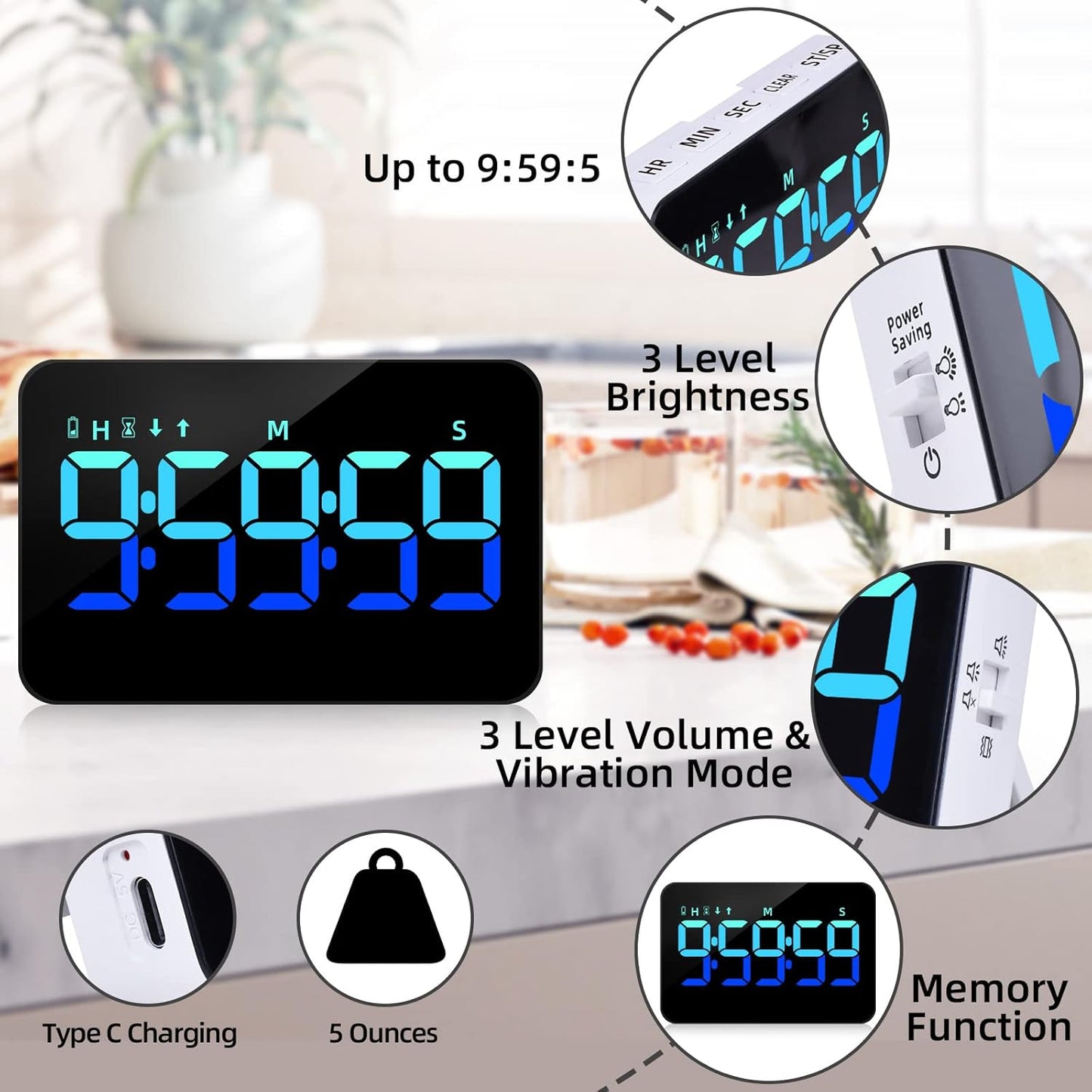 PERSUPER Kitchen Digital Timer, Count Down Up, Rechargeable, Vibration Mode Adjustable Volume and Brightness LED Display, Time Management Cook, Desk, Kids Adults Study Teaching, Kitchen Gadgets RGB