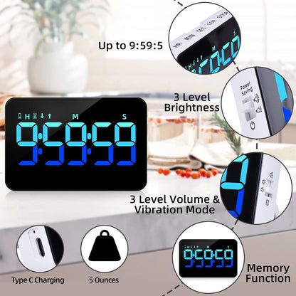 PERSUPER Kitchen Digital Timer, Count Down Up, Rechargeable, Vibration Mode Adjustable Volume and Brightness LED Display, Time Management Cook, Desk, Kids Adults Study Teaching, Kitchen Gadgets RGB