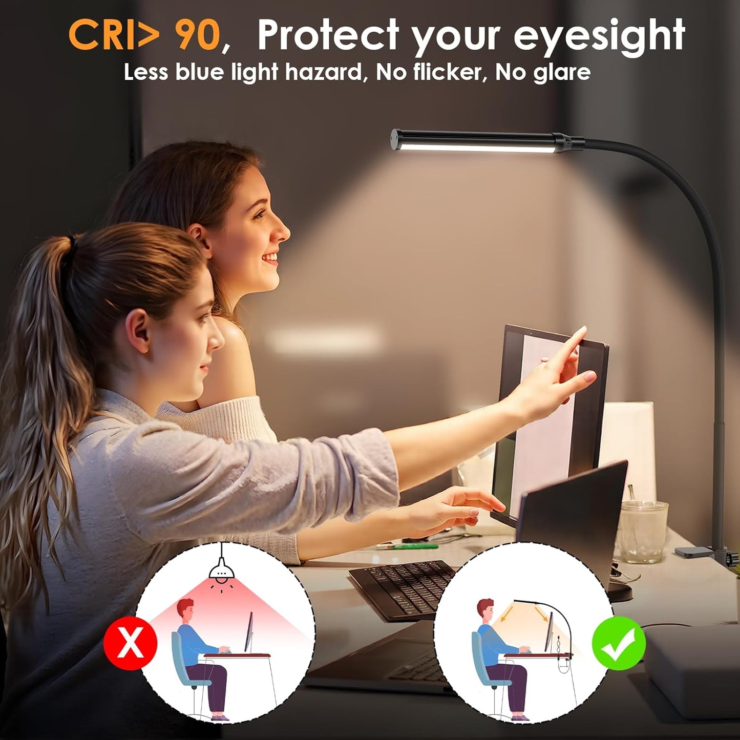 ShineTech LED Desk Lamp with Clamp, Eye-Caring Clip on Desk Light with 3 Color Modes & Stepless Dimming, 360° Flexible Gooseneck Desk Lamp for Home Office College Dorm with USB Adapter