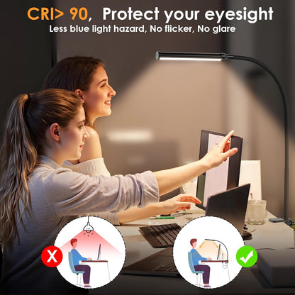ShineTech LED Desk Lamp with Clamp, Eye-Caring Clip on Desk Light with 3 Color Modes & Stepless Dimming, 360° Flexible Gooseneck Desk Lamp for Home Office College Dorm with USB Adapter