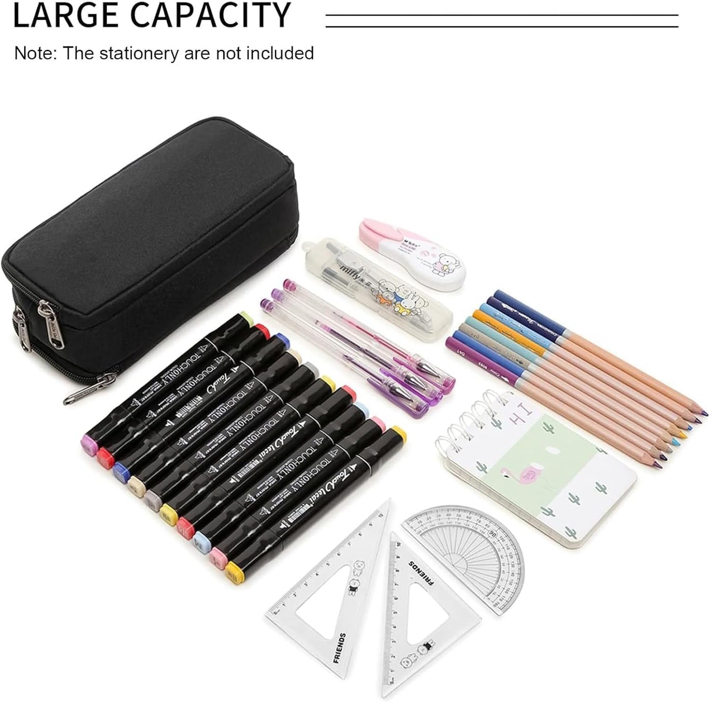 Della Gao Large Pencil Case, Big Capacity Pencil Pouch with 2 Compartments, Office Pencil Bag with Zipper, Big Pen Case for Adults (01-Black)