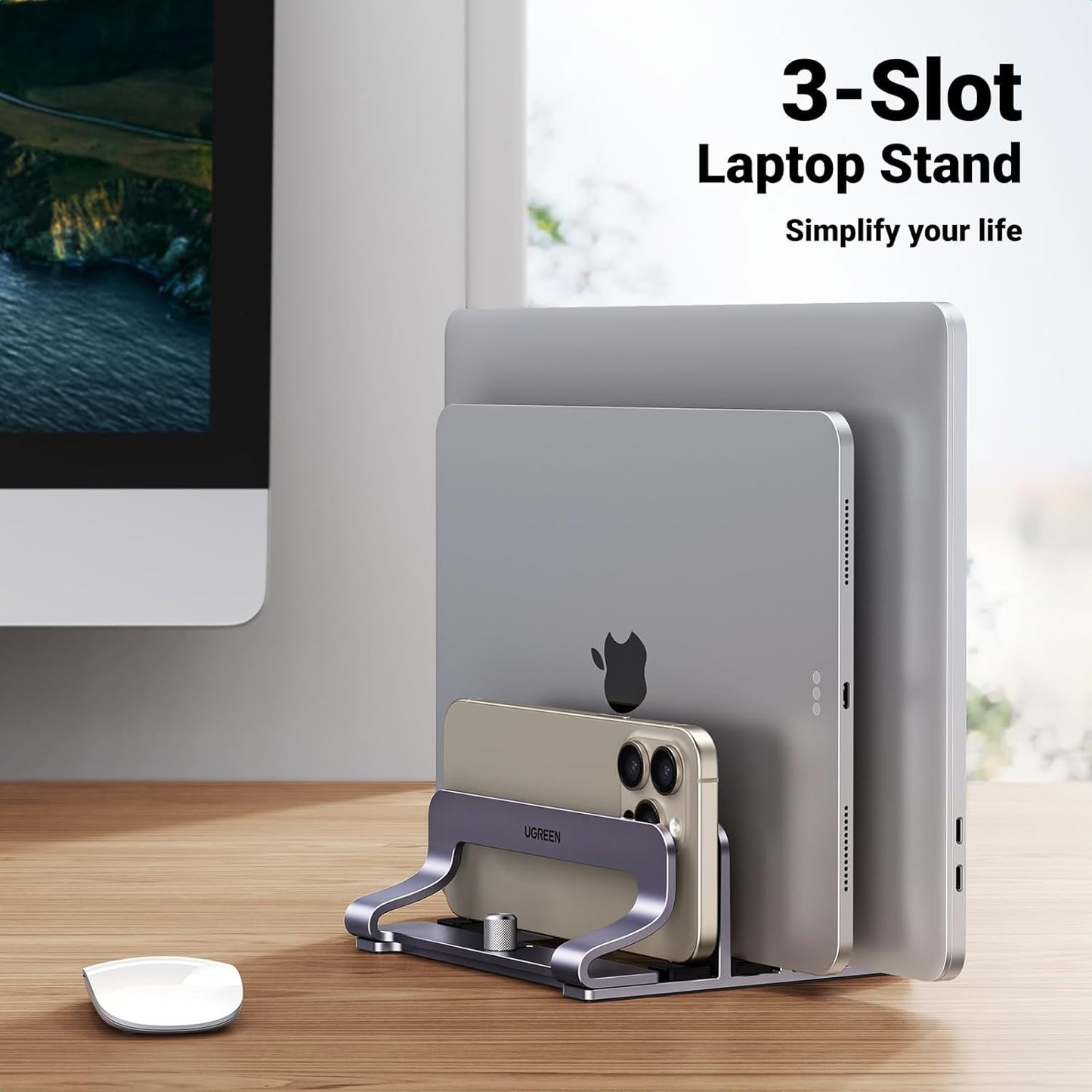 UGREEN 2-Slot Vertical Laptop Stand Holder Desk Compatible with MacBook Pro Air Laptop Stand Desktop Adjustable, Lenovo Ideapad, Surface Book, HP Notebook, Dell Chromebook Up to 17.3 Inch, Space Gray