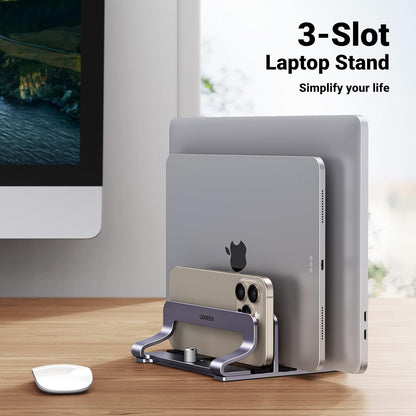 UGREEN 2-Slot Vertical Laptop Stand Holder Desk Compatible with MacBook Pro Air Laptop Stand Desktop Adjustable, Lenovo Ideapad, Surface Book, HP Notebook, Dell Chromebook Up to 17.3 Inch, Space Gray