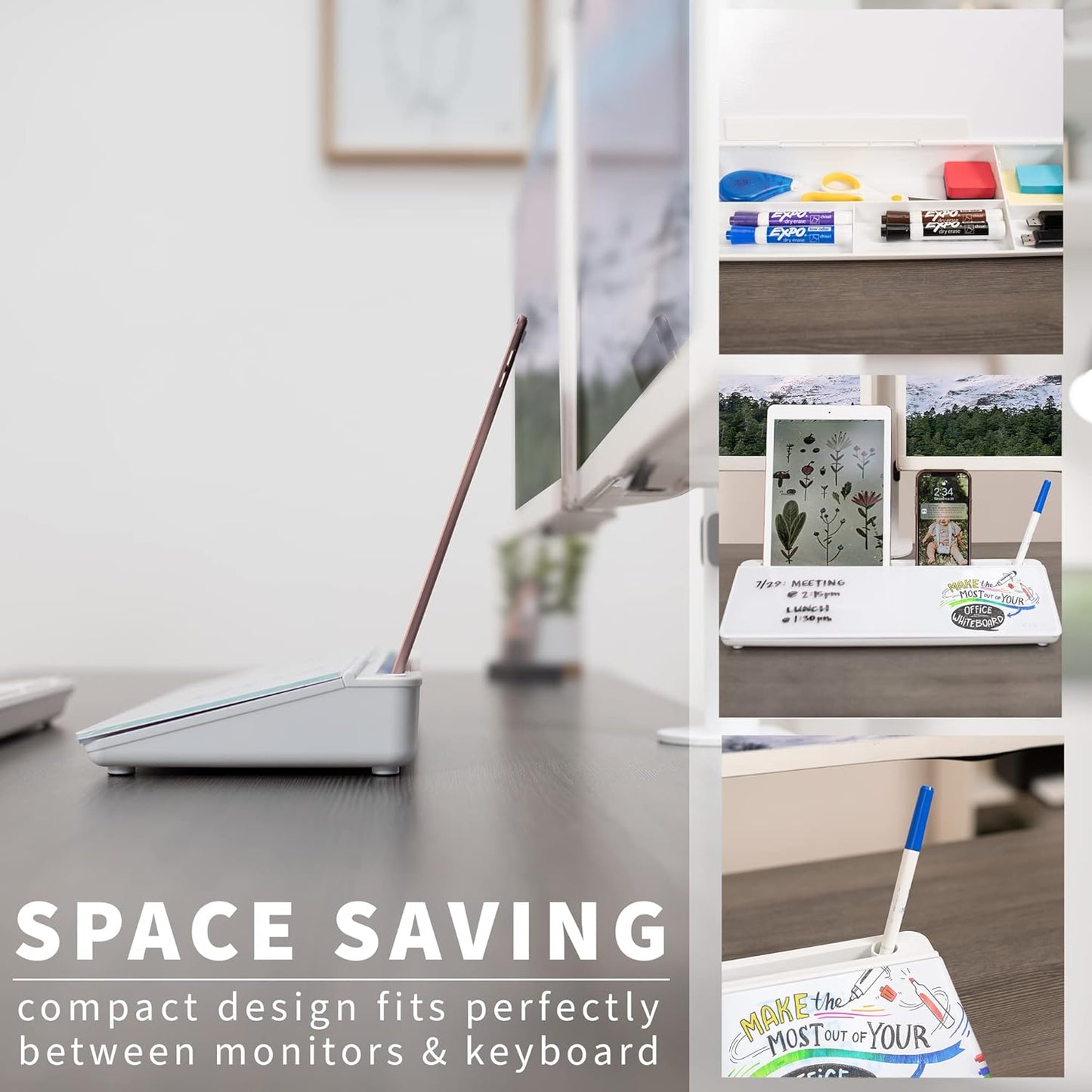 Vivo Glass 16 x 7 inch Dry Erase Board with Storage, Desktop Whiteboard Organizer with Hidden Compartments and Device Slot, Black, DESK-WB16B