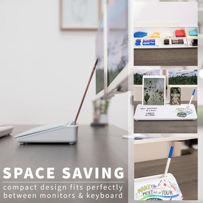 Vivo Glass 16 x 7 inch Dry Erase Board with Storage, Desktop Whiteboard Organizer with Hidden Compartments and Device Slot, Black, DESK-WB16B