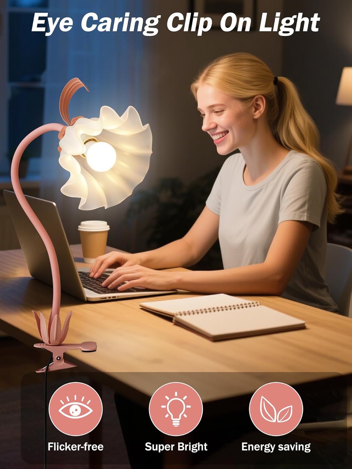 Clip on Light Flower Desk Lamp, LED Reading Light 3 Color Modes Eye-Caring Book Light Flexible Gooseneck Bedside Clip on Lamp for Desk Piano Office Bed Headboard Dorm (Green Lamp)