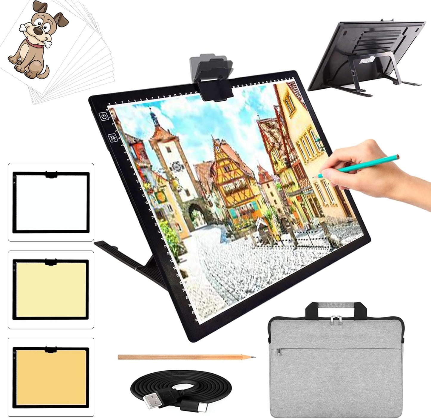 TOHETO A3 Light Pad, Rechargeable Light Board for Diamond Painting, Tracing Light Box with Stand and Clip, Light Table Lightbox for Tracing, Drawing