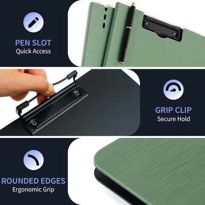 Clipboard Folder, with Dual Metal Clips, Embossed-Texture, Folding 360° Rotating, Nursing Clipboard for Letter and A4, Pen Holder (Green, 1)
