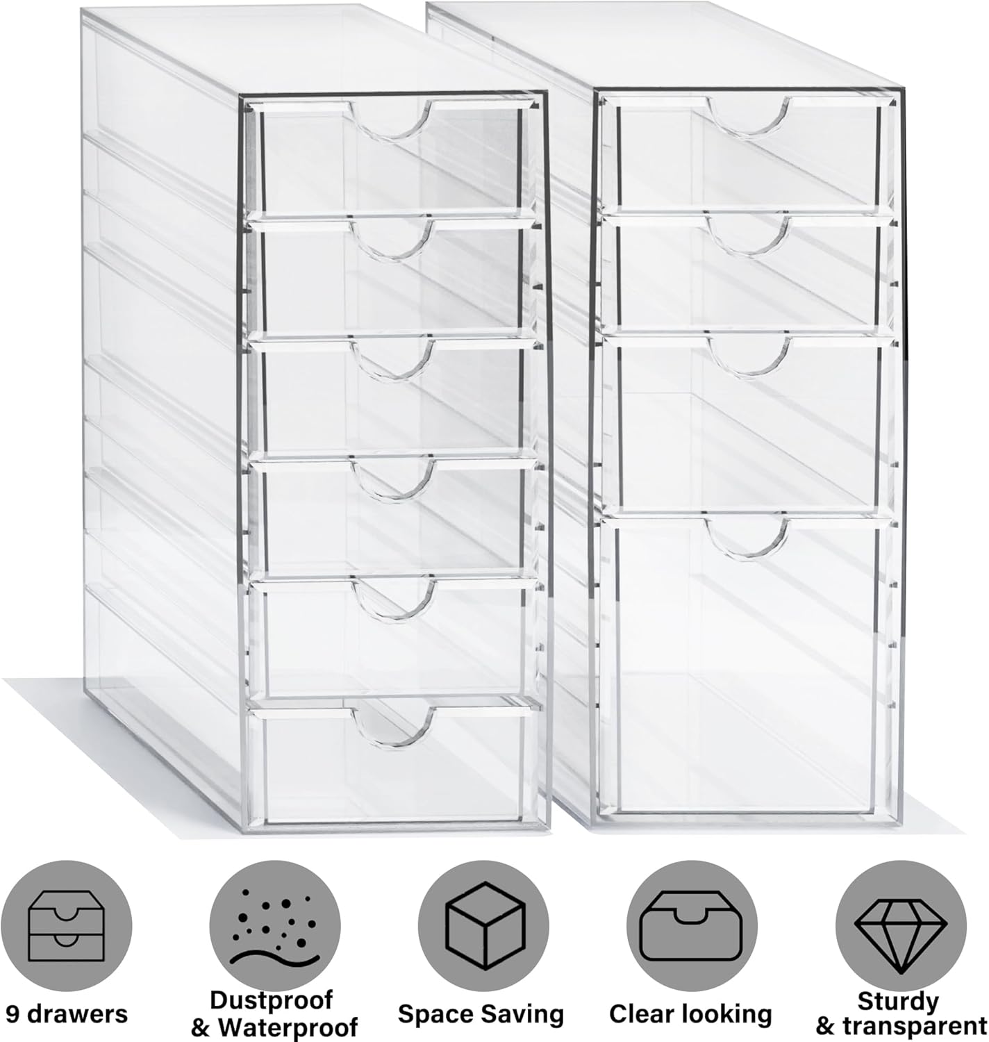 Prsildan Acrylic Drawer Makeup Organizer with 6 Drawers (Not for Baby Bottle), Set of 2 Office Desk Organizers Accessories, Clear Stackable Storage Drawers for Vanity, Craft (Largest Drawer 4" Tall)