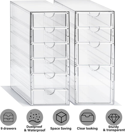 Prsildan Acrylic Drawer Makeup Organizer with 6 Drawers (Not for Baby Bottle), Set of 2 Office Desk Organizers Accessories, Clear Stackable Storage Drawers for Vanity, Craft (Largest Drawer 4" Tall)