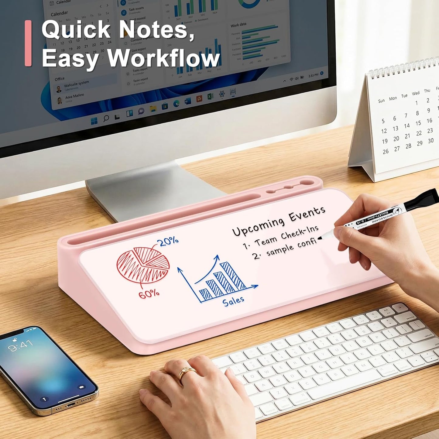 WALGLASS Small Desktop Whiteboard with Storage, Glass Desk Dry Erase White Board Computer Keyboard Stand with Drawer, Desk Organizers with Accessories for Office, Home, School Supplies White