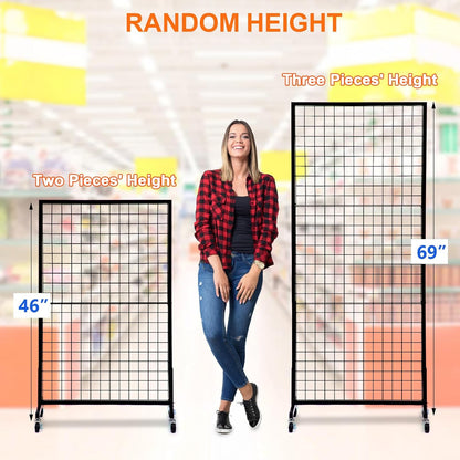 Eastern Tree 1 Pack 2.5'x 6' Three Pieces Grid Wall Panels Stand with T-Base, Black Wire Grid Wall Rack with Wheels, Craft Display Rack, Retail Display, Art Display, Extra More 10 Pieces Hooks