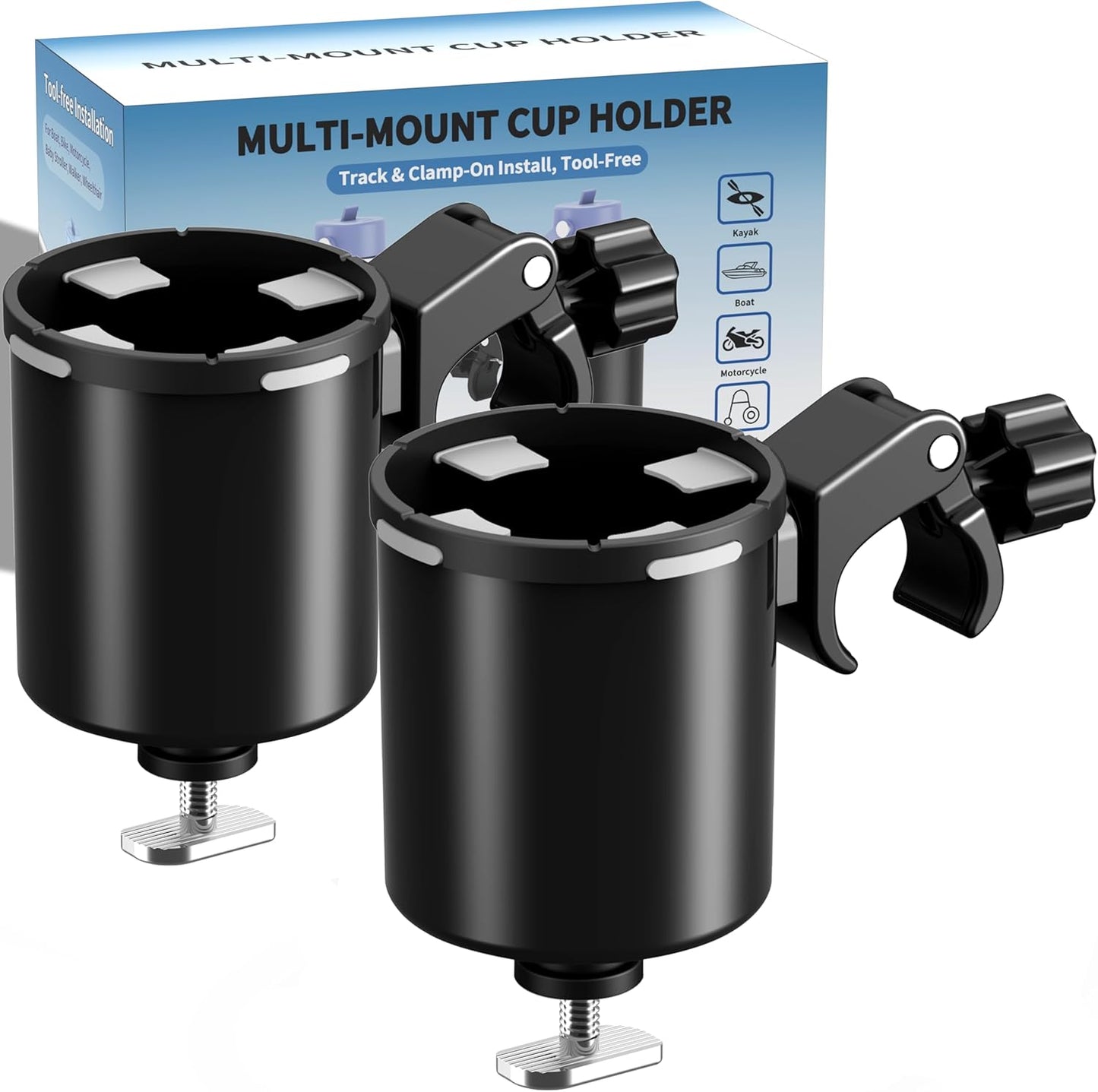 Upgraded Kayak Cup Holder with Track & Clamp Mount, 360° Adjustable Cup Holder Fits 12oz-40oz Tumblers, 2-in-1 Cup & Storage Bin for Kayak Fishing, Tree Stand Hunting, Fits Round & Square Rods