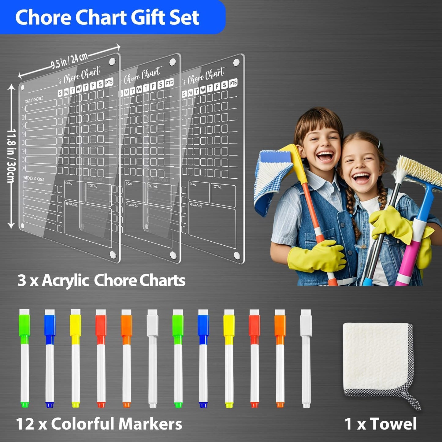 PigPotParty Acrylic Magnetic to Do List Whiteboard for Refrigerator, 12x9.5 Inch Clear Dry Erase Checklist Board, 3-Column Fridge List with Pre-Installed Embedded Magnet, 8 Markers and 1 Towel
