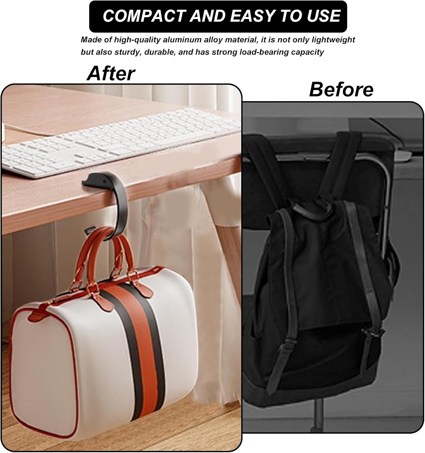2PCS Purse Hook for Table Purse Hanger for Desk Portable Desk Bag Hook Non-slip Purse Holder for Table High-Strength Alloy Material for Durability Hangers for Table for Heavy Loads((Black and Gray)