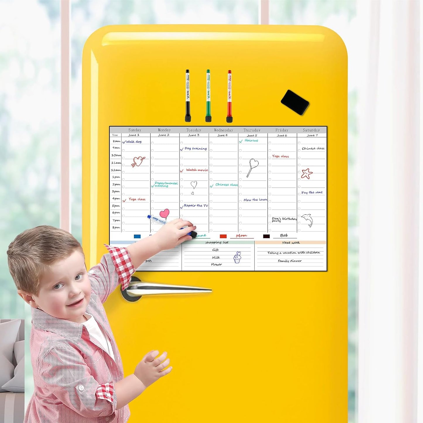 POPRUN Magnetic Fridge Calendar, 16.9"x11" Weekly Schedule Whiteboard, Dry Erase Board for Family Planning & Organization, Ideal for Home, School, Office