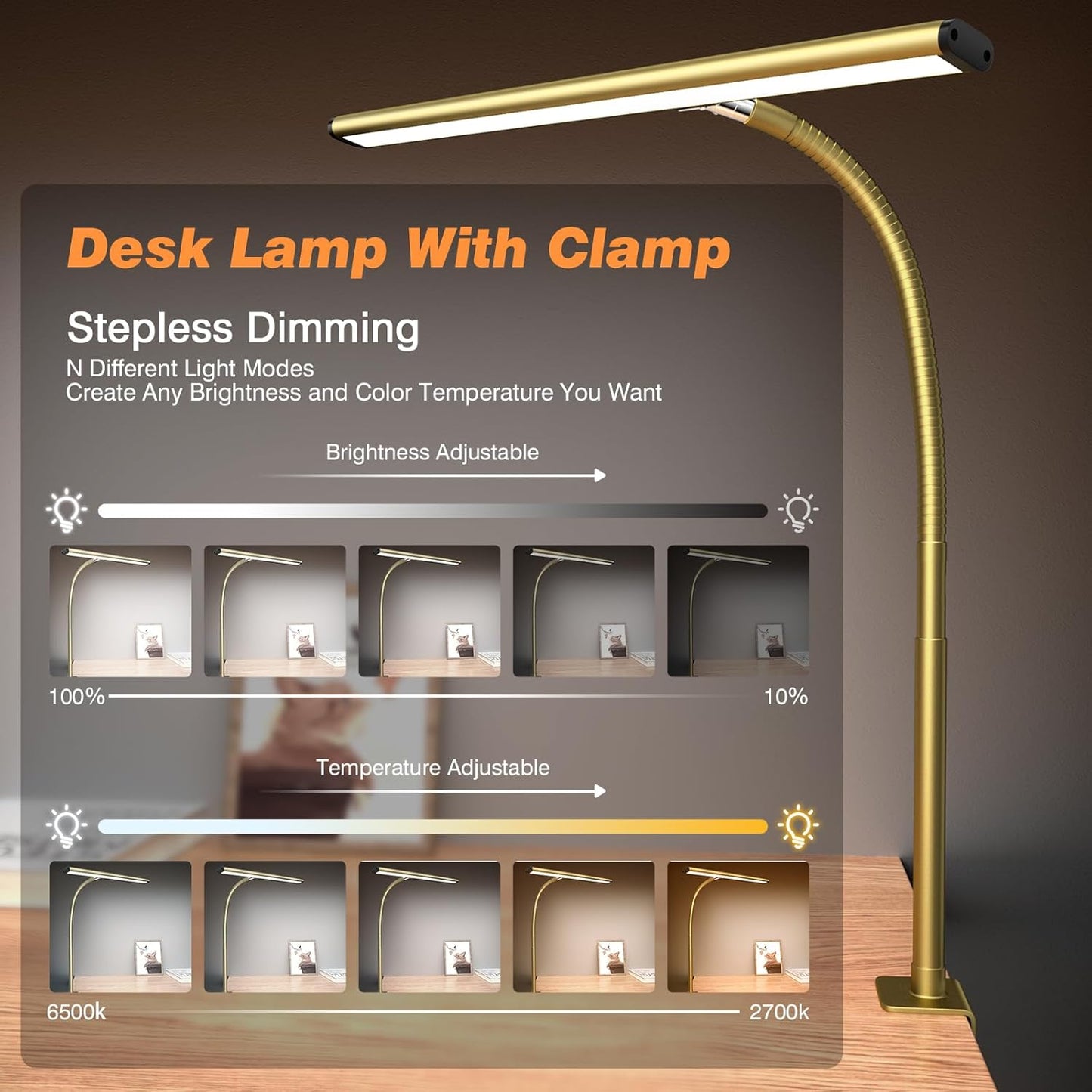 Airlonv LED Desk Lamp for Office Home, Eye-Caring Desk Light with Stepless Dimming Adjustable Flexible Gooseneck, 10W USB Adapter Desk Lamp with Clamp for Reading, Study, Workbench (Black)