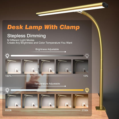 Airlonv LED Desk Lamp for Office Home, Eye-Caring Desk Light with Stepless Dimming Adjustable Flexible Gooseneck, 10W USB Adapter Desk Lamp with Clamp for Reading, Study, Workbench (Black)
