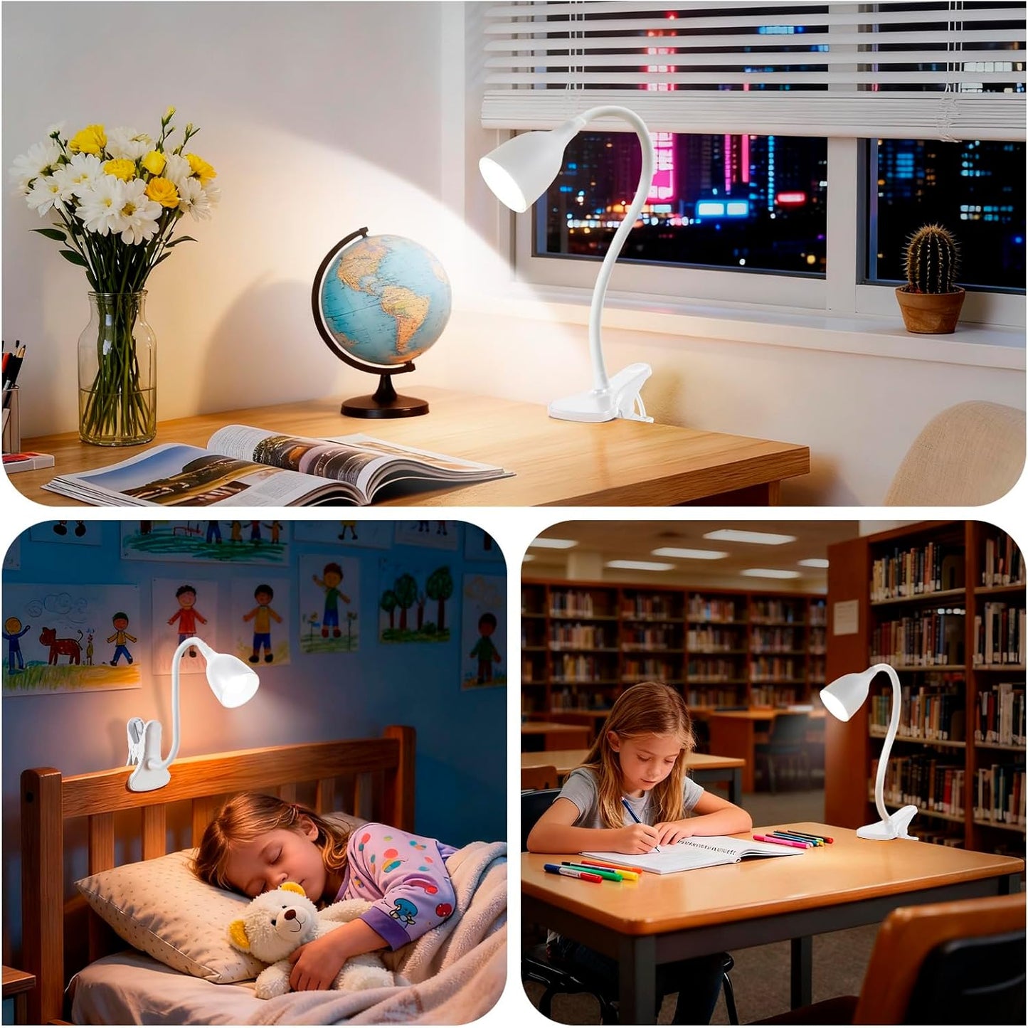 EJIAXIN Desk Lamp for Home Office - Clip on Reading Light and Bed Headboard Clamp Lamp, Bedside Gooseneck Table Lamp, Clip on Desk Lamps, Eye-Caring Desk Lamp for College Dorm Room Study Lamp, White