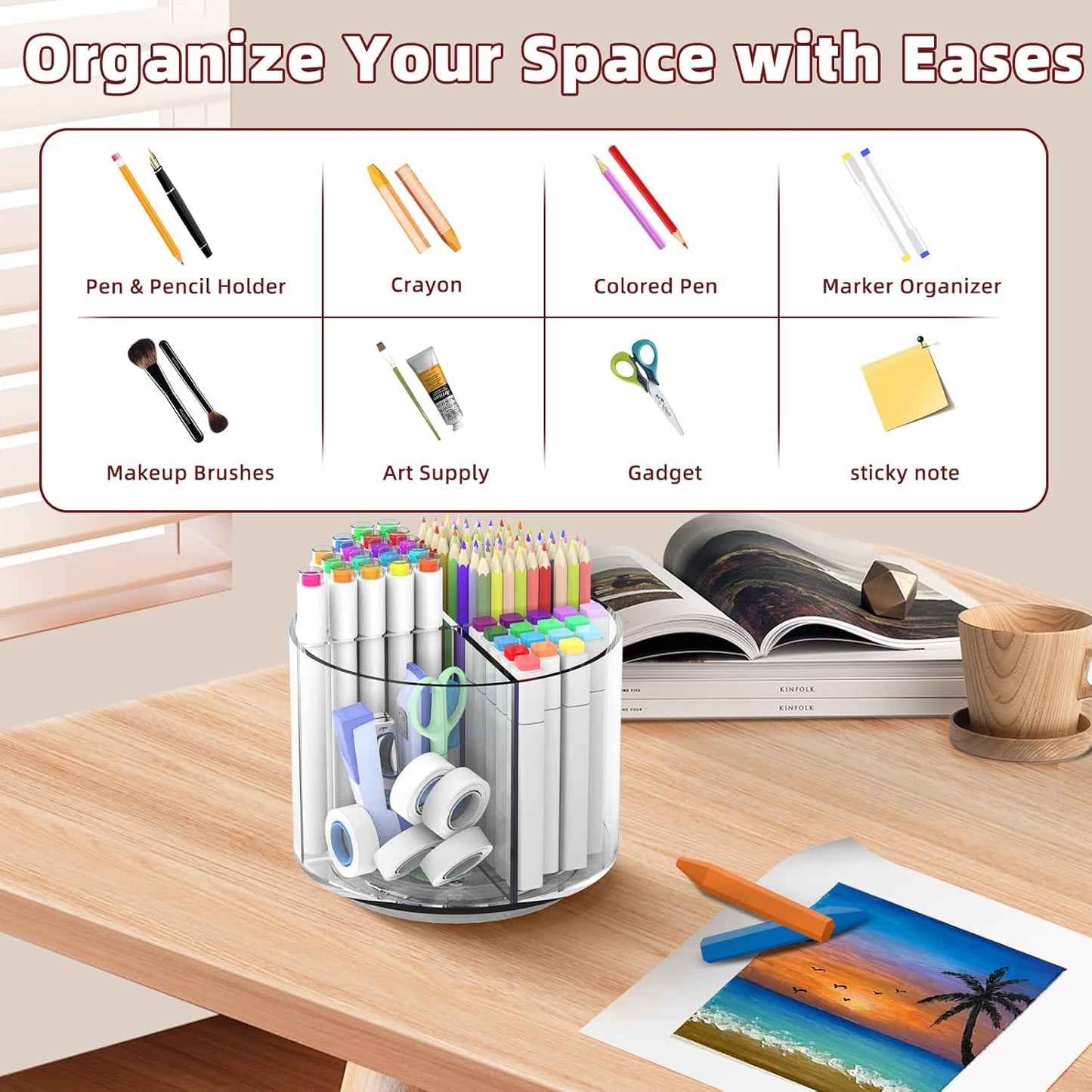 Absonic 250pcs Acrylic Pencil Holder Marker Organizer, 360-Degree Rotating Pen Holder, Crayon Organizers for Kids Pencil Organizer Caddy Art Supply Lazy Susan Organizer for Desk Home School Office