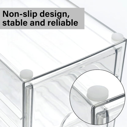 Prsildan Acrylic Drawer Makeup Organizer with 6 Drawers (Not for Baby Bottle), Set of 2 Office Desk Organizers Accessories, Clear Stackable Storage Drawers for Vanity, Craft (Largest Drawer 4" Tall)