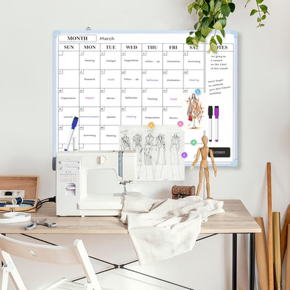 Monthly Whiteboard Calendar for Wall, Small 16" x 12" Dry Erase Board with Plastic Frame, Hanging Dry Erase Calendar with 3 Mini Sticky Notes for Kitchen Planner, Memo, Home and Office