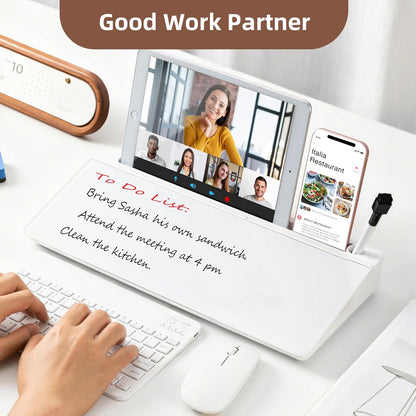 VUSIGN Small Dry Erase Board with Storage, 6.8" x 15.8" Glass Desk Whiteboard, Desk Board with Computer Keyboard Stand & Built-in Drawer, Includes 4 Markers, 1 Eraser for Office, Home, School