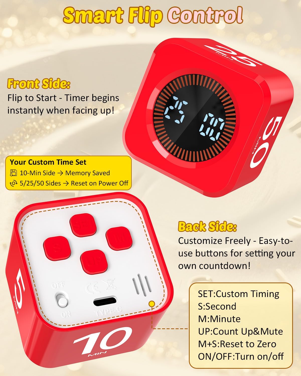 Digital Pomodoro Timer Cube 5/10/25/50min, Visual Productivity Flip Timer for Kids Classroom Desk, Custom Countdown, Silent and Sound Mode for ADHD Study Work Game Kitchen (Pink)