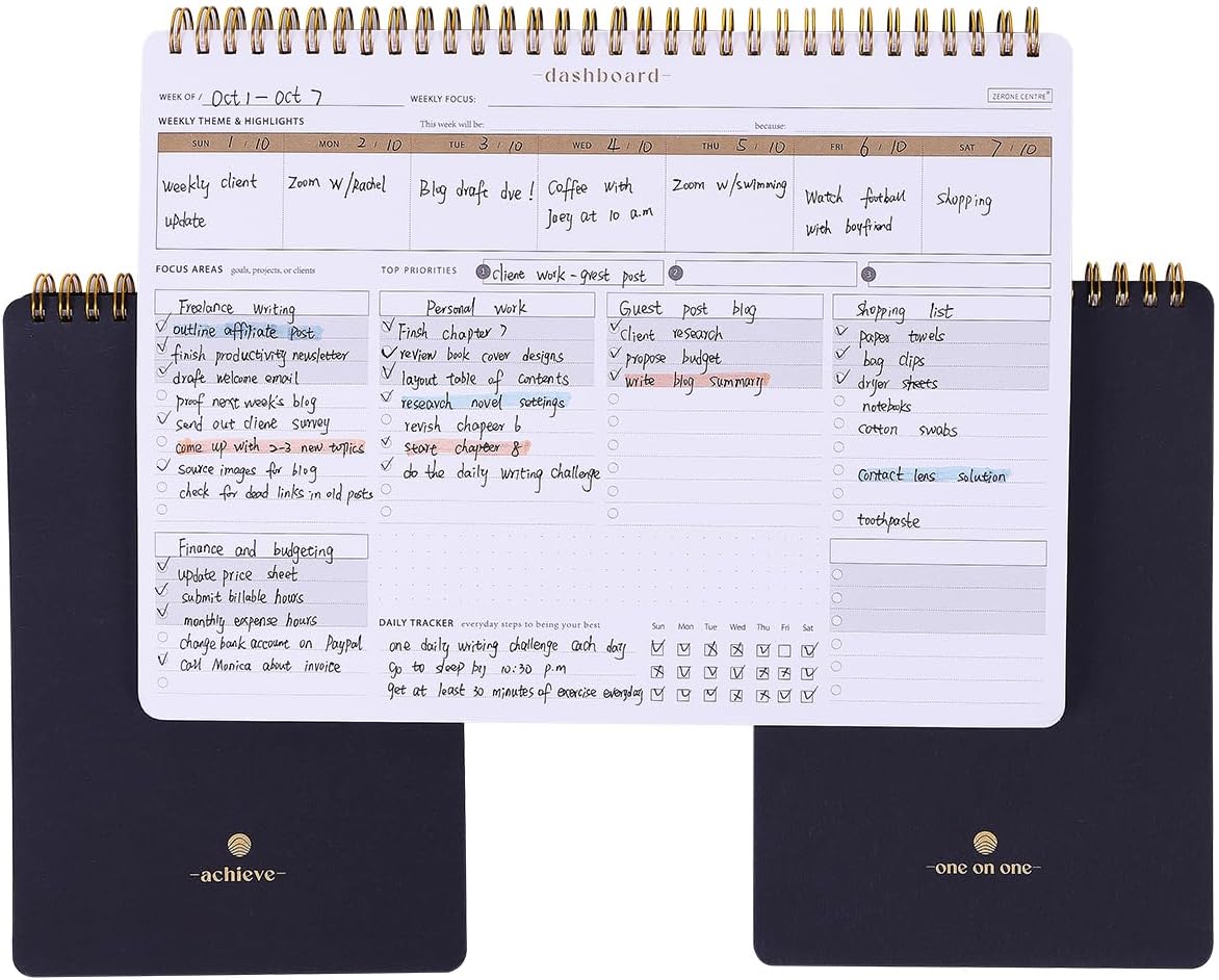 ZERONE CENTRE Productivity Weekly Planner - 54 Sheets Dashboard Spiral Deskpad Has 6 Focus Areas to List Tasks for Goals, Projects, Clients, Academic, or Shopping-Organize Your Daily Work Efficiently