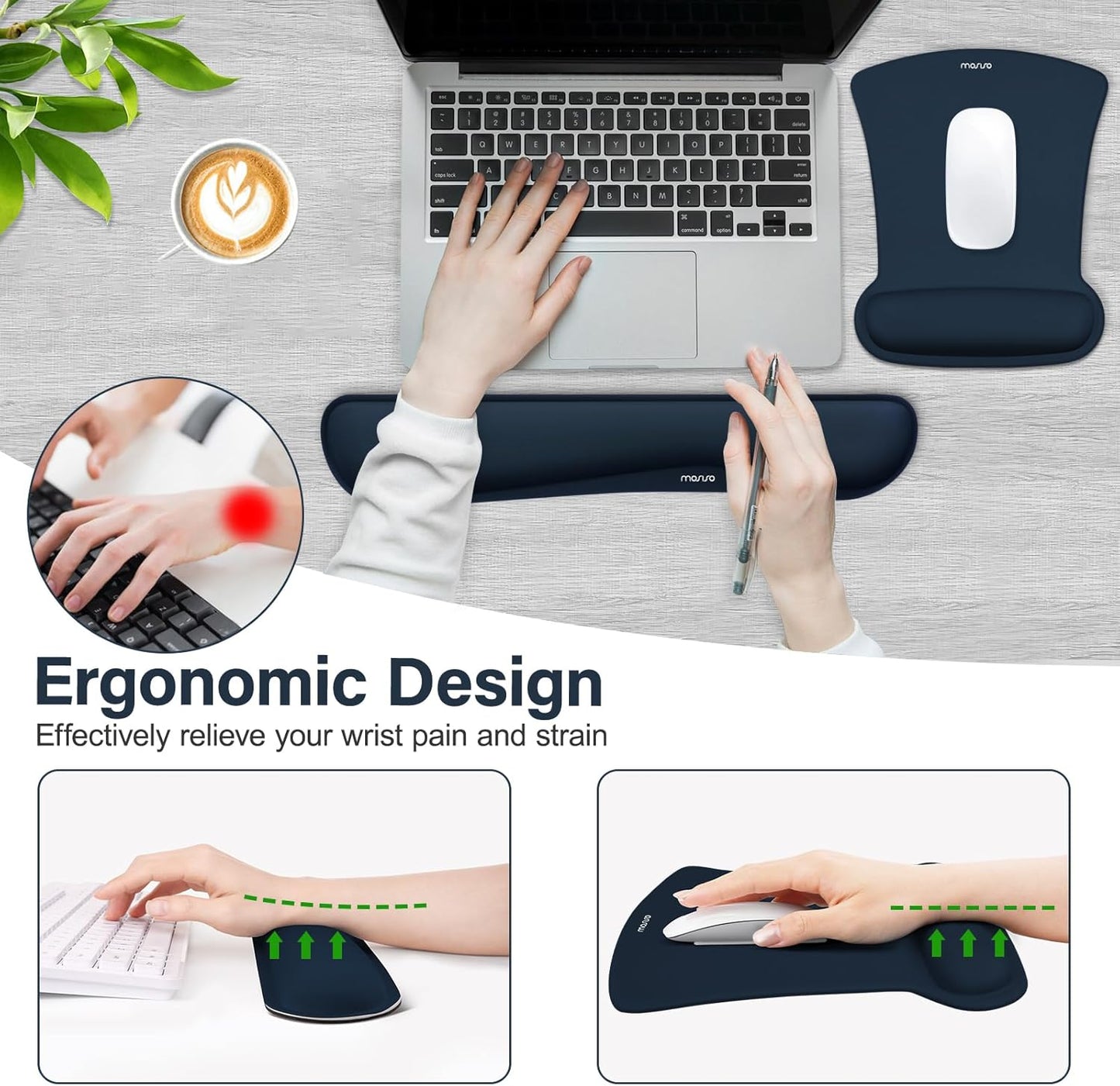 MOSISO Wrist Rest Support for Mouse Pad & Keyboard Set, Ergonomic Mousepad Non-Slip Base Home/Office Pain Relief & Easy Typing Cushion with Neoprene Cloth & Raised Memory Foam, Black