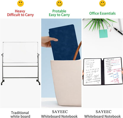 SAYEEC Whiteboard Notebook, Portable Dry Erase Board with 3 Colors Fineliner Pens, Black PU Cover Erasable Handheld White Board Reusable Drawing Notebook Easel Pad for Meeting Business Office School