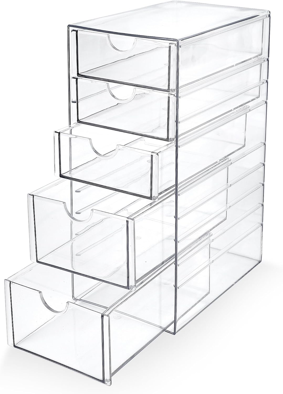 Prsildan Acrylic Drawer Makeup Organizer with 6 Drawers (Not for Baby Bottle), Set of 2 Office Desk Organizers Accessories, Clear Stackable Storage Drawers for Vanity, Craft (Largest Drawer 4" Tall)