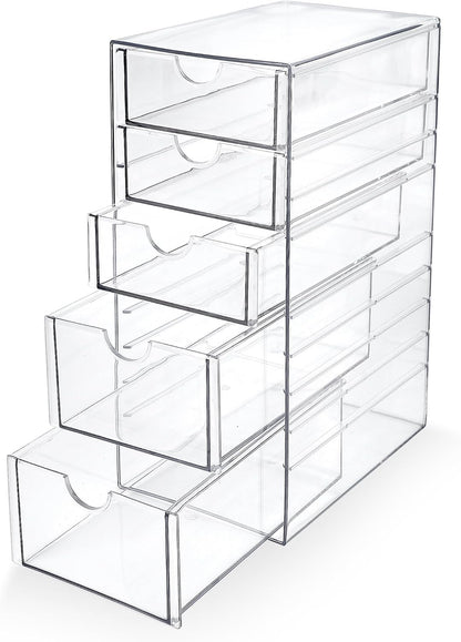 Prsildan Acrylic Drawer Makeup Organizer with 6 Drawers (Not for Baby Bottle), Set of 2 Office Desk Organizers Accessories, Clear Stackable Storage Drawers for Vanity, Craft (Largest Drawer 4" Tall)