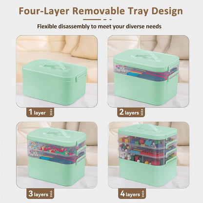 3-Layer Plastic Craft Organizers and Storage Box with Removable Trays, Storage Containers with lids and Handle, Art Supply Storage Organizer for Bead, Ornament, Nail Polish, Tape（10.62"x9"x7.67"）