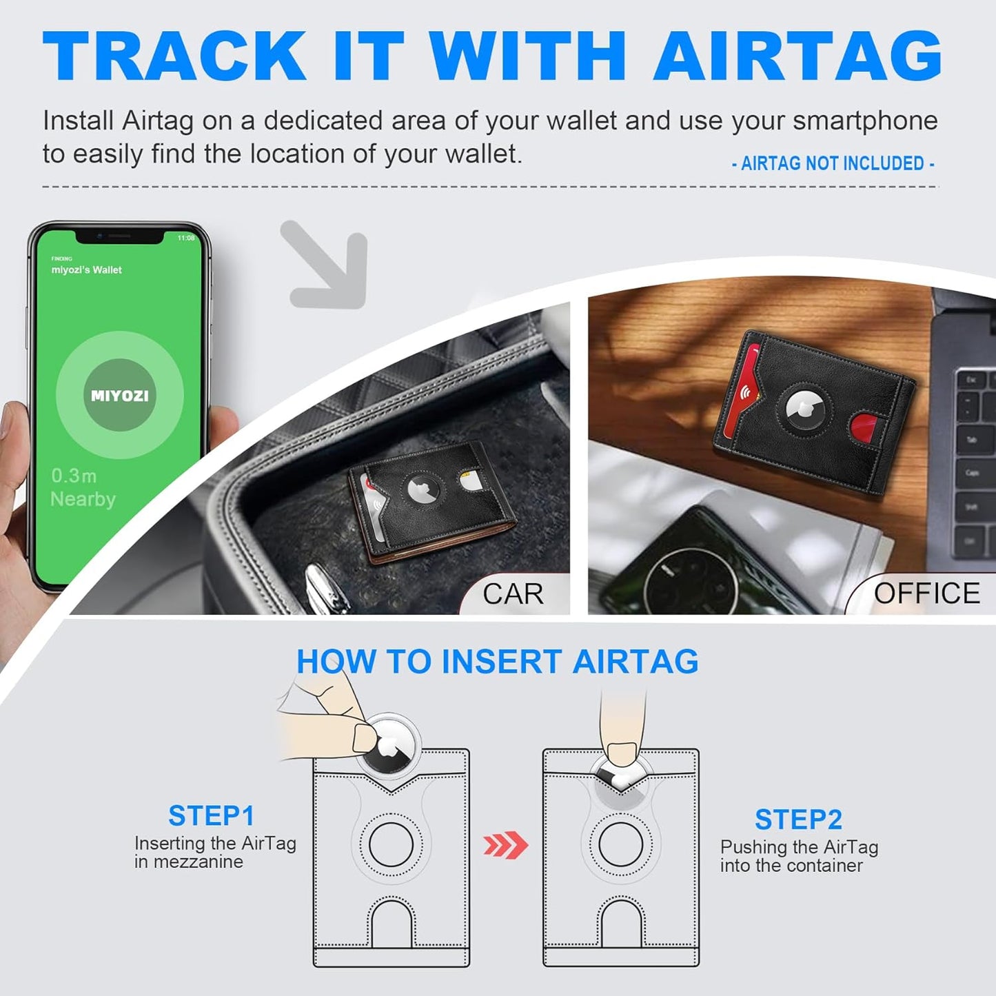 miyozi AirTag Wallet for Men, Slim Leather Bifold with Holder Slot, 2 ID Windows & 13 Card Slots, RFID Blocking Front Pocket Wallet with Gift Box