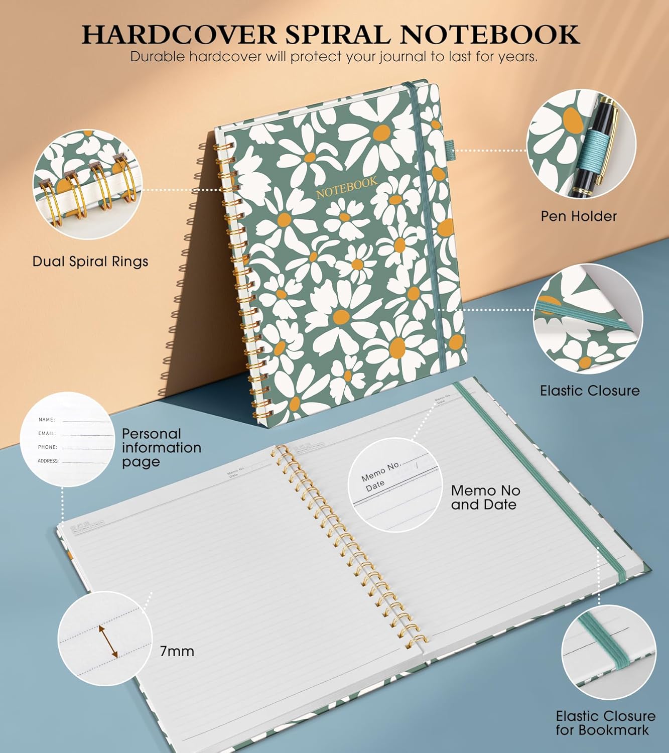 Dotted Notebook, Spiral Notebook Journal 8.5” x 11”, A4 Large Dot Grid Notebooks for Women Men, 100 GSM Dotted Paper, Plastic Hardcover Spiral Bullet Journals for Work School Sketching, Green