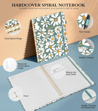 Dotted Notebook, Spiral Notebook Journal 8.5” x 11”, A4 Large Dot Grid Notebooks for Women Men, 100 GSM Dotted Paper, Plastic Hardcover Spiral Bullet Journals for Work School Sketching, Green