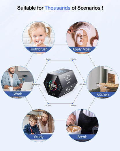 Ticktime Pomodoro Timer Cube, Hexagon Productivity Timer, Pause & Resume, Silent, Vibrate & Adjustable Sound Alert, for ADHD, Task, Work, Study, 5/15/25/30/45/60min & Custom Countdown,Gray