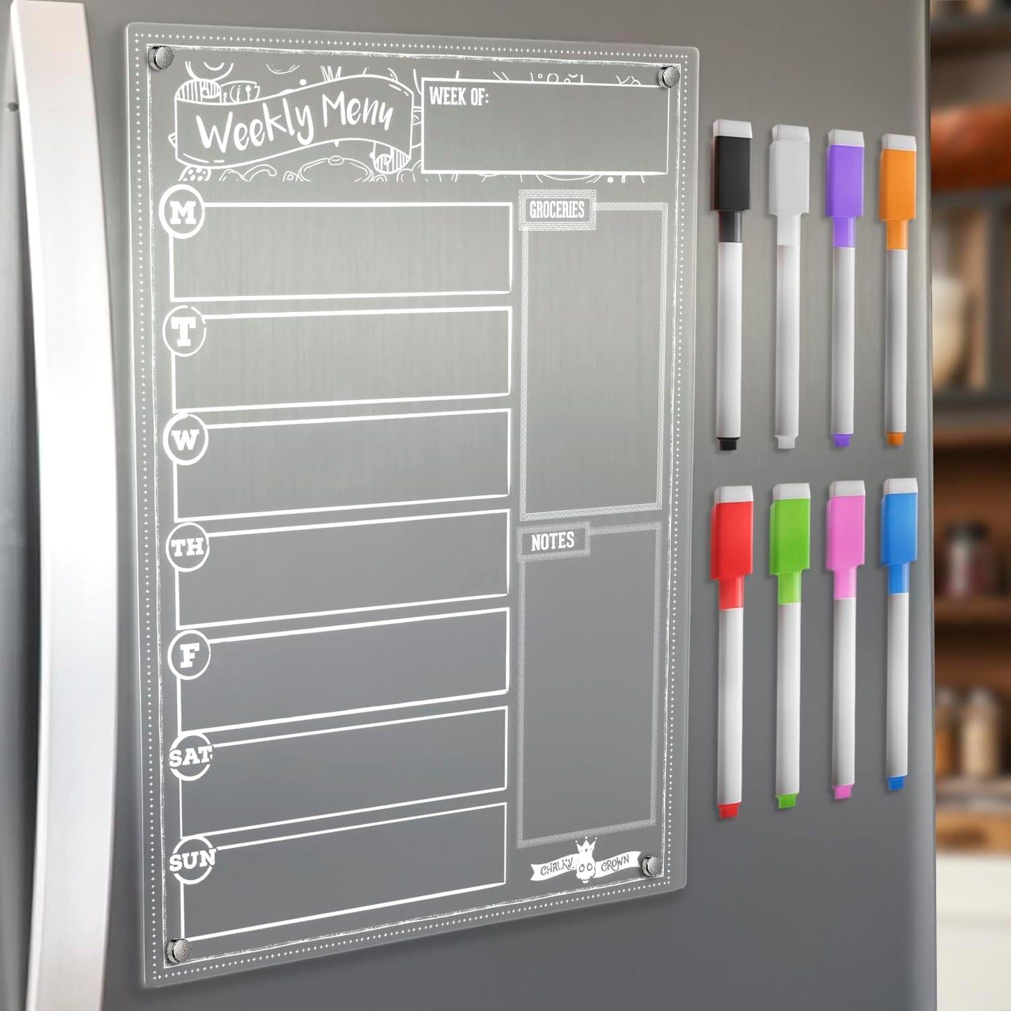 CHALKY CROWN Magnetic Dry Erase Menu Board for Fridge Includes 4 Liquid Chalk Markers - Weekly Meal Planner Blackboard, Grocery List & Notepad for Kitchen Refrigerator - Chalkboard Magnet 15.6" x11.6