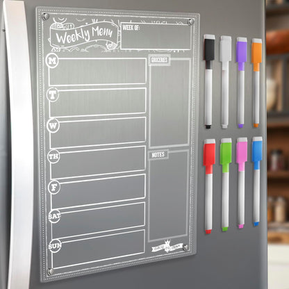 CHALKY CROWN Magnetic Dry Erase Menu Board for Fridge Includes 4 Liquid Chalk Markers - Weekly Meal Planner Blackboard, Grocery List & Notepad for Kitchen Refrigerator - Chalkboard Magnet 15.6" x11.6