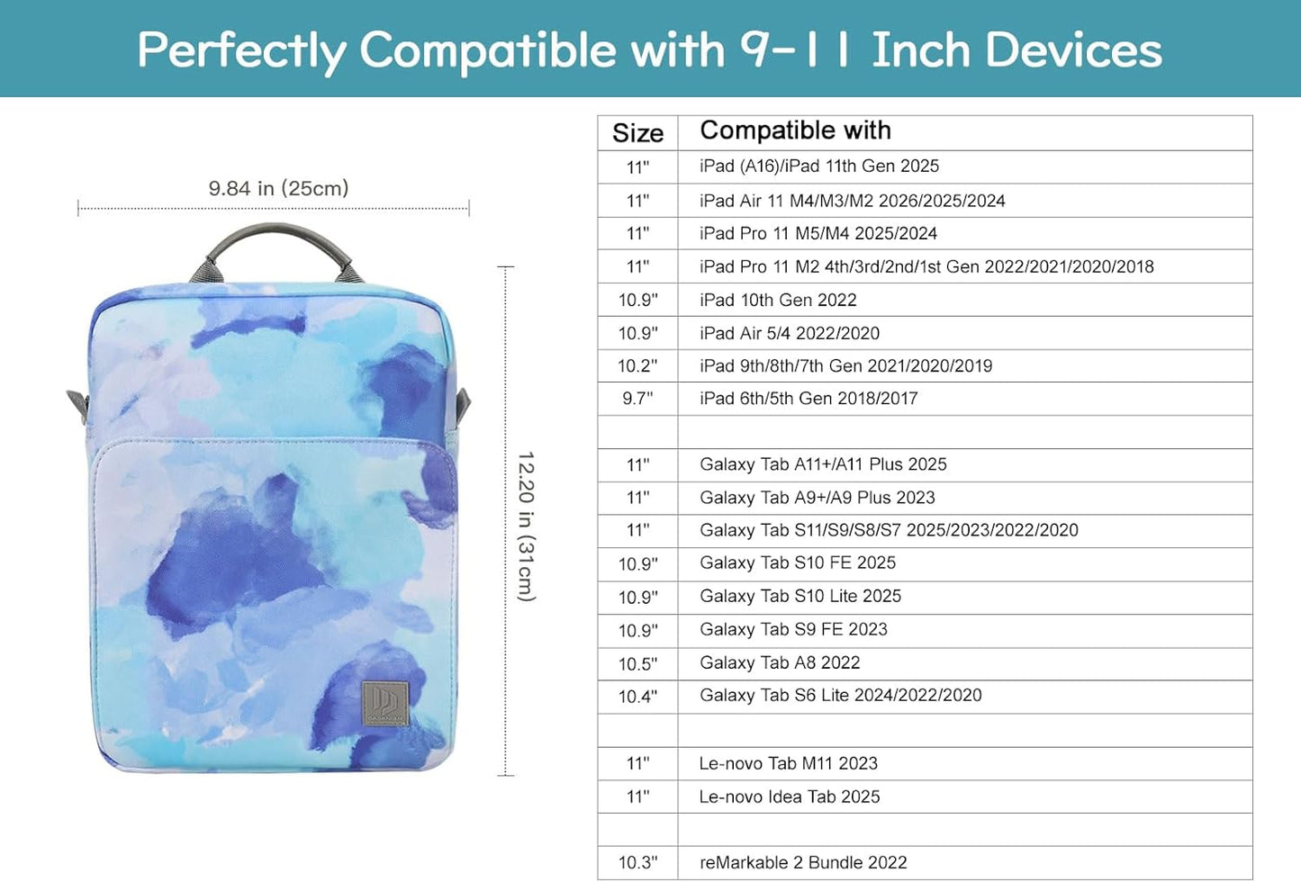 Dadanism 9-11 Inch Tablet Sleeve Bag Carrying Case with Shoulder Strap for iPad (A16) 11", iPad 10th Gen 10.9", iPad Air M4/Pro M5 11", iPad 9/8/7th 10.2", Galaxy Tab A11+ Plus 11", Cloudy Pink