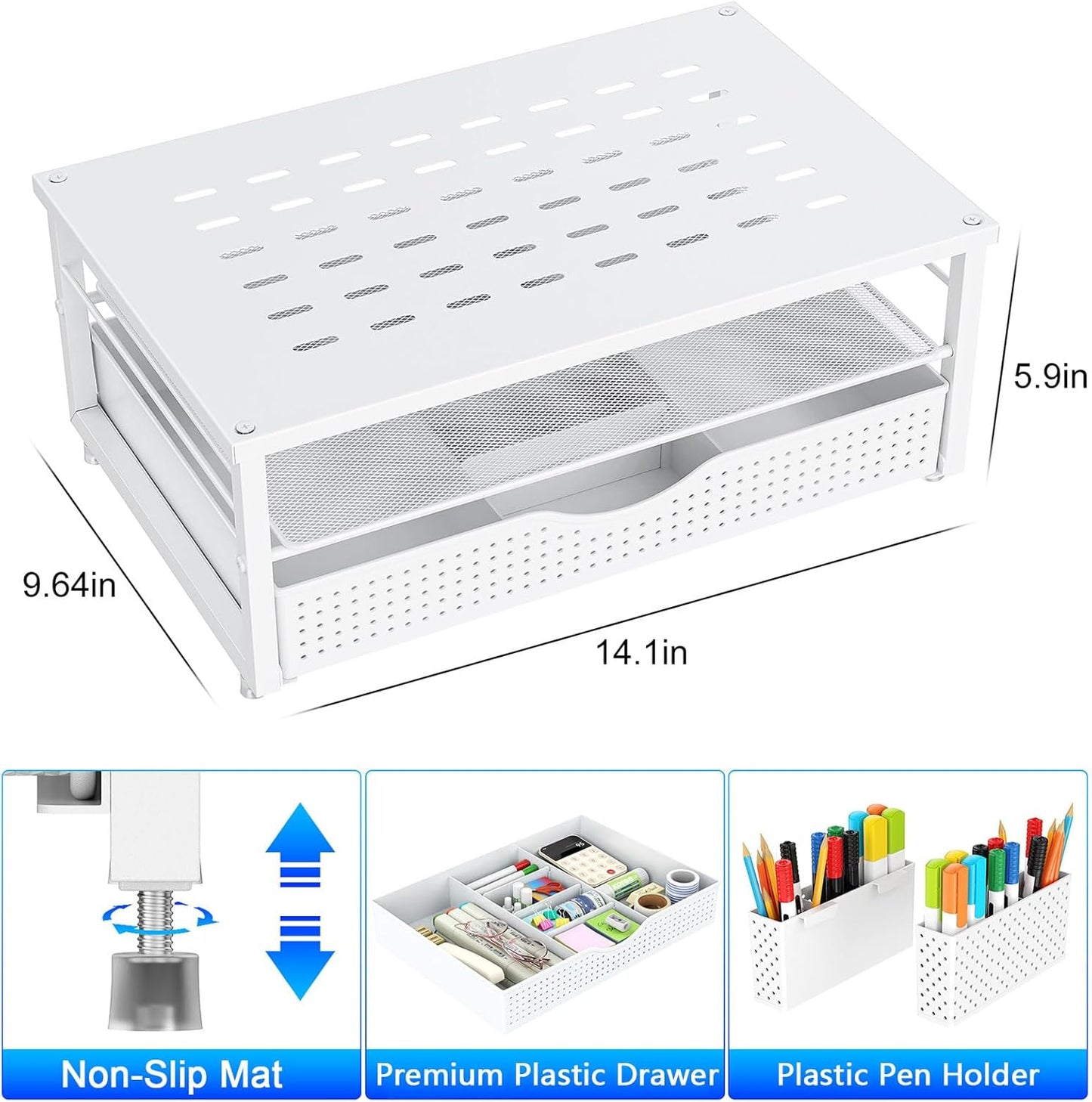 gianotter Monitor Stand Riser, Office Desk Shelf Organizer, Desk Organizer with Drawer and Pen Holder, 2-Tier Computer Stand, Office Organization (Ink)