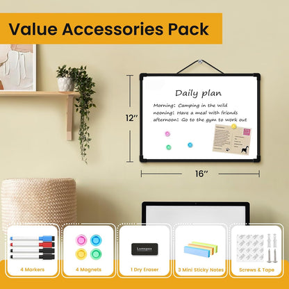 Small Dry Erase Board for Wall, 16" x 12" Double-Sided Hanging Whiteboard, Magnetic White Board with 4 Markers, 4 Magnets and 3 Mini Sticky Notes, Portable Whiteboard for Kids, School, Home, Office