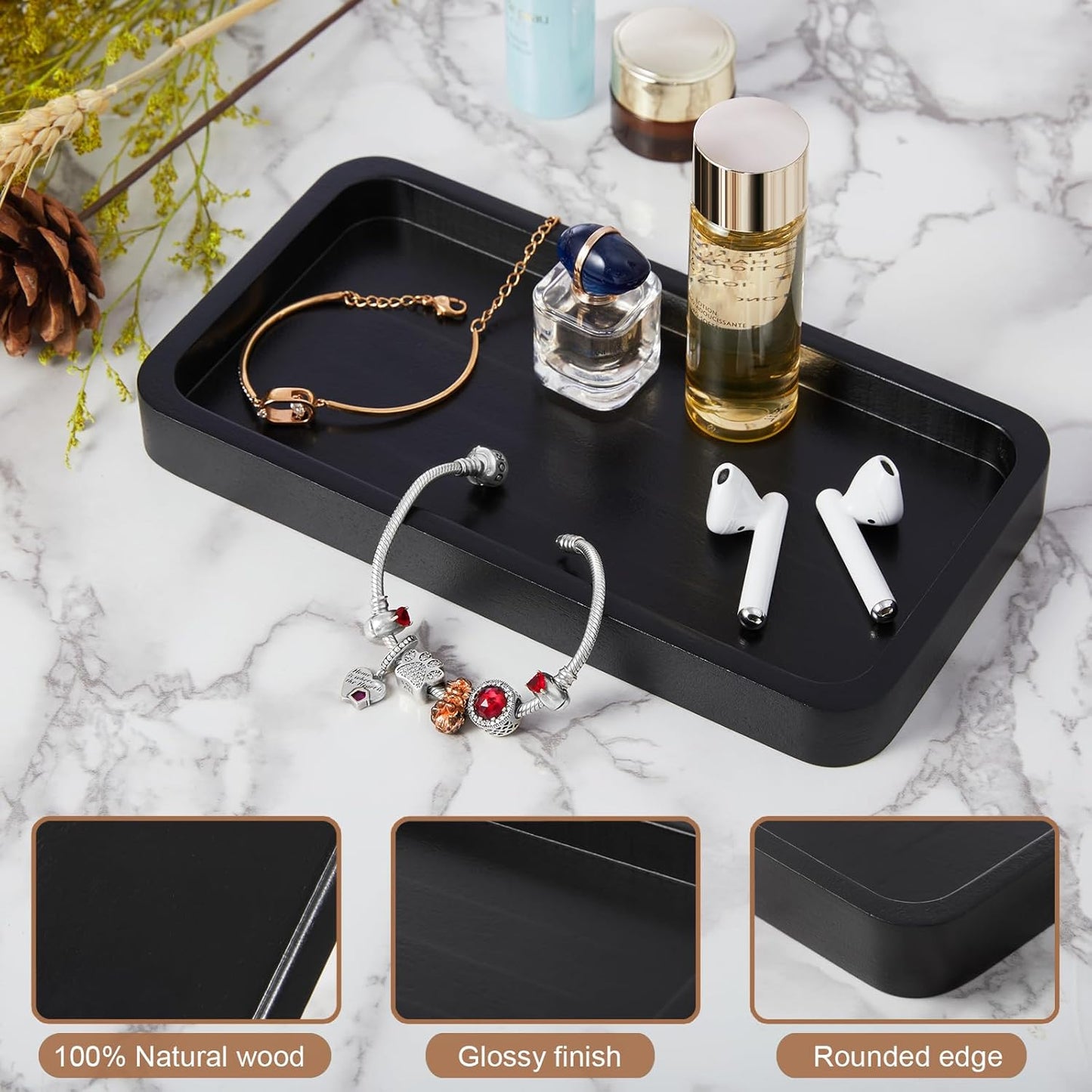 ALELION 8" Acacia Wood Bathroom Vanity Tray for Counter - Dresser Top Tray for Perfume Jewelry Candle Key Catchall - Small Kitchen Countertop Organizer for Soap Dispenser and Sponge Holder